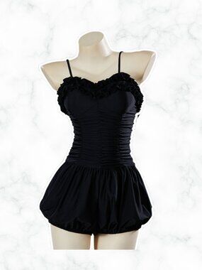 NWOT | Retro Black Ruched One Piece Swimsuit Romper Ruffle Sweetheart Neck